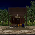 Garden Decor Scene at Night Featuring Wooden Pavilion Greenery Stone Pavement Ornamental Balls and Lighting