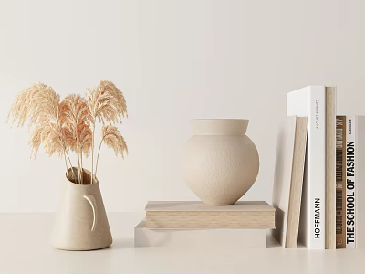 Decorative Ornament Set With Beige Vase Dried Grass Books And Wooden Base For Home Decor 3d model