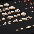 Multiple red and white tents arranged on black background with white structures nearby