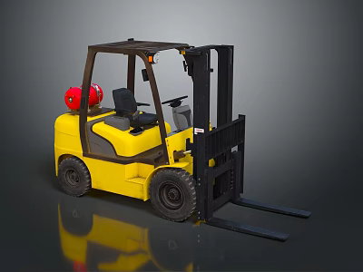 Yellow Heavy Duty Industrial Forklift With Red Gas Cylinder Black Forks And Cab 3d model