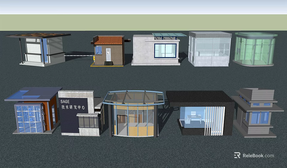 Multiple Small Architectural Structures Featuring Diverse Designs Styles And Materials 3d model 