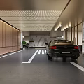 Modern Luxury Parking Garage with Black Car White Lines Marble Walls and Ceiling Grille Lights