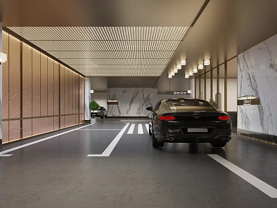 Modern Luxury Parking Garage with Black Car White Lines Marble Walls and Ceiling Grille Lights 3d model