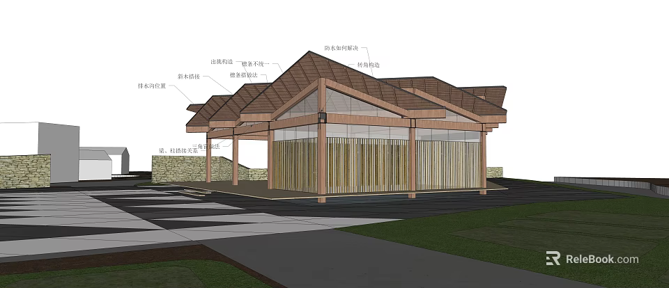 Modern Library Building with Wooden Roof Glass Curtain Wall and Open Structure Design 3d model 