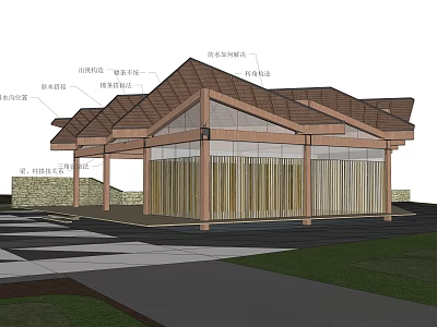 Modern Library Building with Wooden Roof Glass Curtain Wall and Open Structure Design 3d model