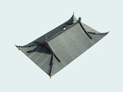 Traditional Chinese Roof Structure With Gray Tiles Overhanging Eaves And Ornate Ridges 3d model