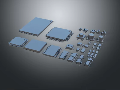 Various Electronic Components Including Different Sized Chips And Small Connectors On Dark Surface 3d model