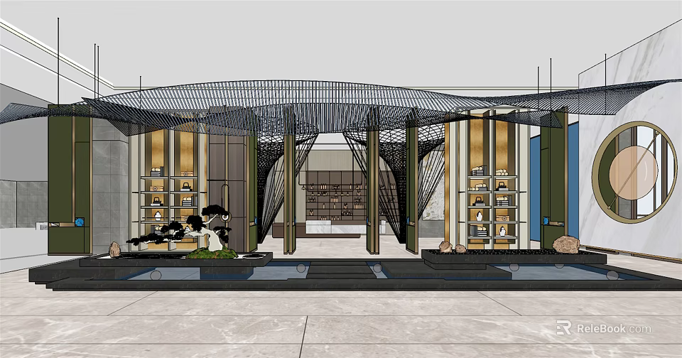 Elegant Hotel Lobby Interior with Modern Woven Lattice Roof Columns Shelves Plants and Marble Floor 3d model 