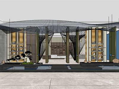 Elegant Hotel Lobby Interior with Modern Woven Lattice Roof Columns Shelves Plants and Marble Floor 3d model