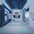 Modern Tech Exhibition Hall With Large Data Screen Display Platform Blue Lighting And Circular Ceiling 3d model