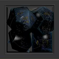 Decorative Ornament Set in Transparent Display Case with Dark Blue Polyhedral Pieces and Golden Texture