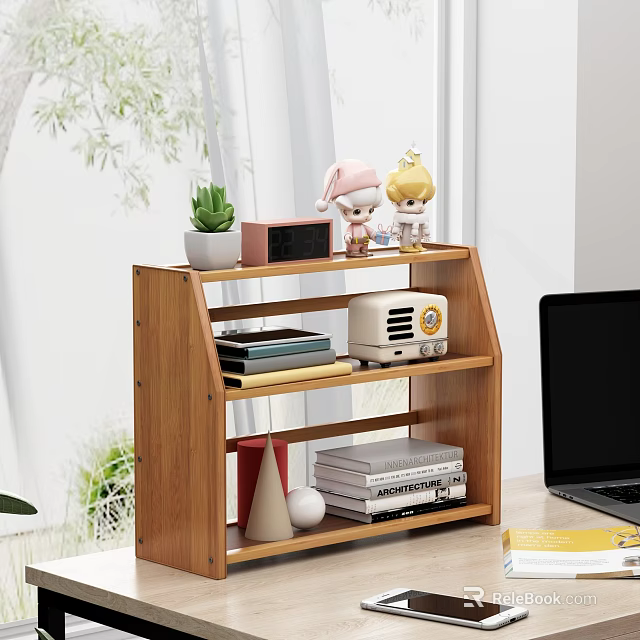 Wooden Shelf with Books Vintage Radio Small Figurines and Plant in Home Office 3d model 