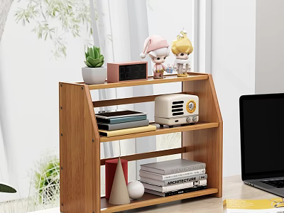Wooden Shelf with Books Vintage Radio Small Figurines and Plant in Home Office 3d model