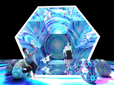 Hexagonal Art Installation Featuring Spiral Patterns People And Colorful Spherical Objects On Reflective Floor 3d model