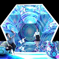 Hexagonal Art Installation Featuring Spiral Patterns People And Colorful Spherical Objects On Reflective Floor 3d model