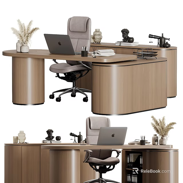 Modern Wooden Office Desk Setup With Laptop Stationery And Decorative Chair 3d model 