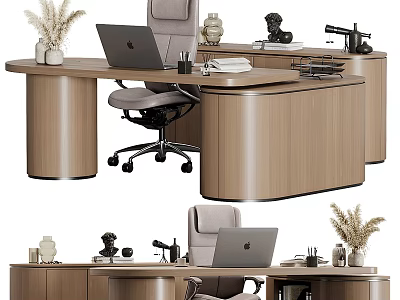 Modern Wooden Office Desk Setup With Laptop Stationery And Decorative Chair 3d model