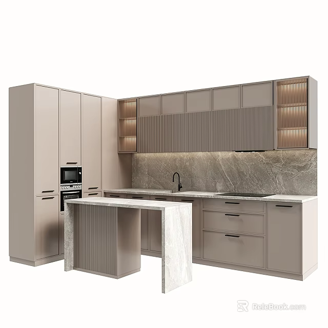 Modern Kitchen With Beige Cabinets And Marble Details 3d model 