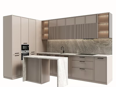Modern Kitchen With Beige Cabinets And Marble Details 3d model