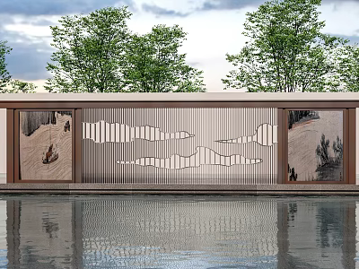 Modern Garden Feature Wall Design With Linear Landscape Patterns And Water Reflection Near Trees 3d model