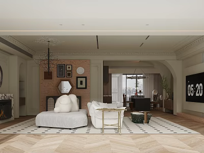 Modern Living Room Interior With White Sofa Geometric Rug Brick Wall Decorative Frames And Chandelier 3d model