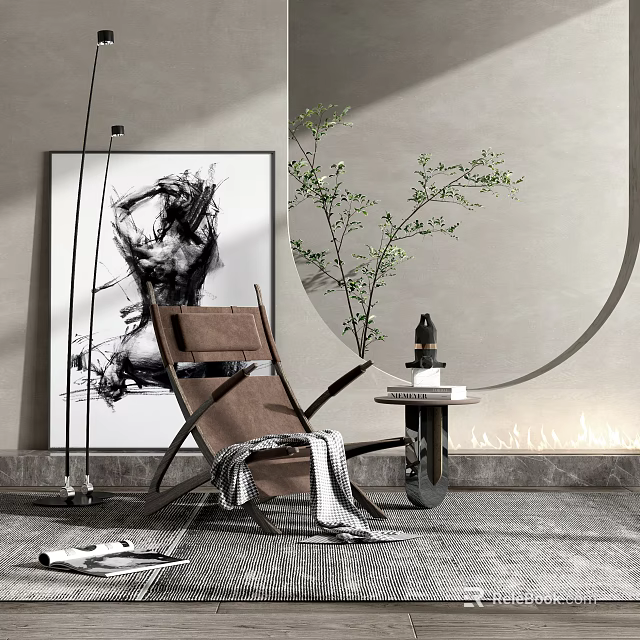 Brown Leather Lounge Chair With Abstract Painting Green Plant And Side Table 3d model 