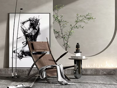 Brown Leather Lounge Chair With Abstract Painting Green Plant And Side Table 3d model