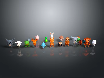 Cute Animal Toy Figures Collection With Various Colorful Characters In Row 3d model