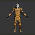 Golden Armored Figure With Crown Standing In Gray Background With Decorative Details