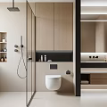 Modern Bathroom Interior Design With Wall Hung Toilet Glass Shower And Wooden Cabinets