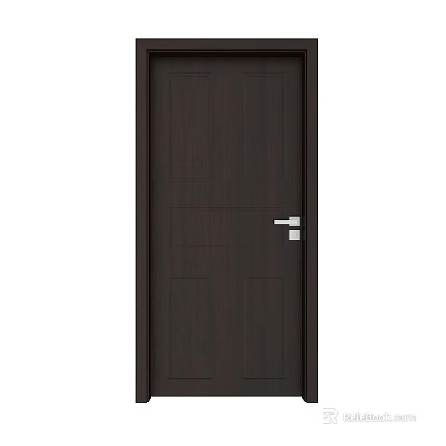 Dark Brown Solid Wood Hinged Door With Sleek Panel And Metal Handle Design 3d model