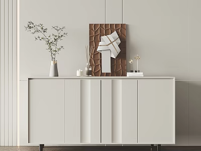 Modern Minimalist White Entryway Cabinet Sideboard With Clean Lines Vase Artwork And Books On Top 3d model