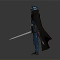 Armored Medieval Warrior In Blue Armor With Helmet Black Cape And Sword