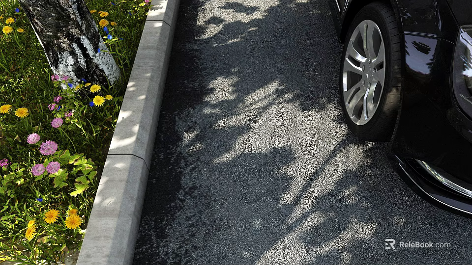 Concrete Curb Along Asphalt Road Surface With Parked Car And Roadside Flowers 3d model 
