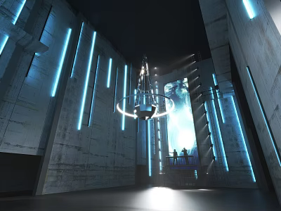 Futuristic Indoor Space With Concrete Walls Blue Light Strips And Chandelier 3d model