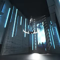 Futuristic Indoor Space With Concrete Walls Blue Light Strips And Chandelier