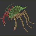 Red Arachnid Creature With Long Antennae Many Slender Legs And Oval Body