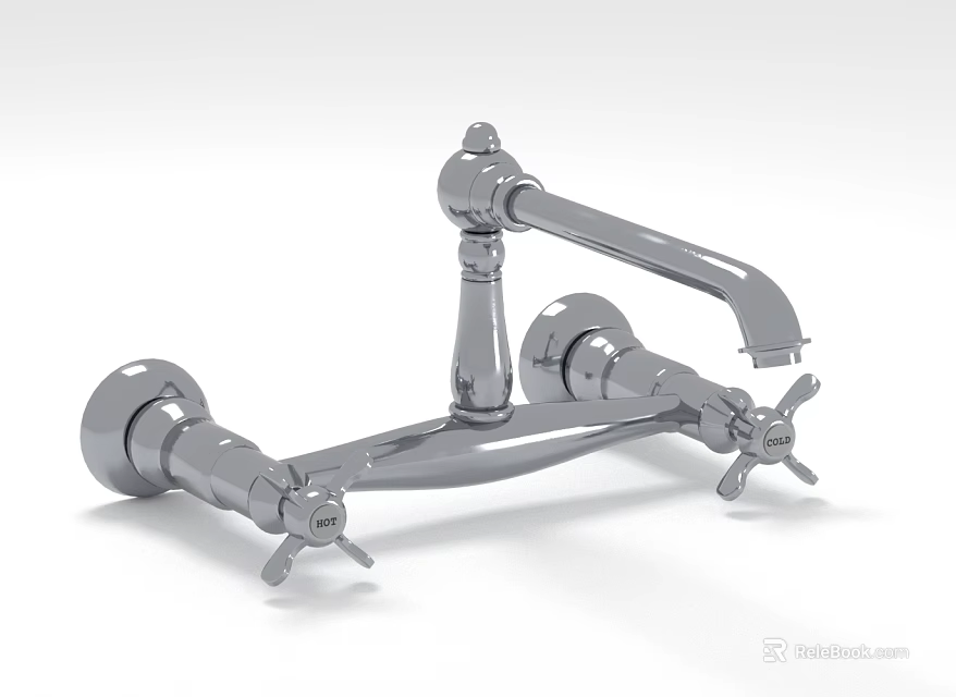 Vintage Chrome Wall Mounted Faucet With Double Handles And Long Spout 3d model 