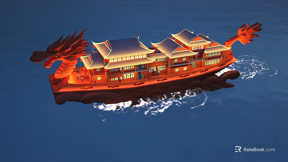Traditional Chinese Dragon Ship With Ornate Roofs And Illuminated Windows Sailing On Water 3d model 
