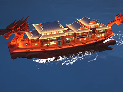 Traditional Chinese Dragon Ship With Ornate Roofs And Illuminated Windows Sailing On Water 3d model