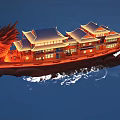 Traditional Chinese Dragon Ship With Ornate Roofs And Illuminated Windows Sailing On Water
