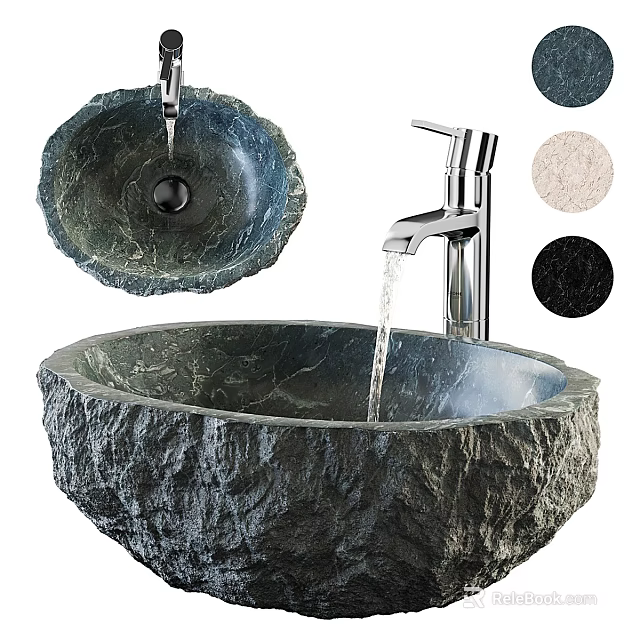 Natural Rock Stone Washbasin With Silver Faucet Water Flowing And Color Samples 3d model 