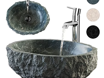 Natural Rock Stone Washbasin With Silver Faucet Water Flowing And Color Samples 3d model