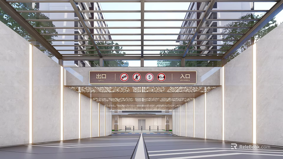 Modern Parking Lot Entrance With Glass Metal Canopy Directional Signs And Marked Driveway 3d model 