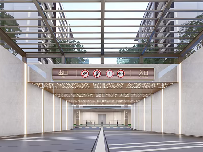 Modern Parking Lot Entrance With Glass Metal Canopy Directional Signs And Marked Driveway 3d model