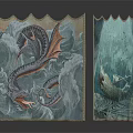 Traditional Water Transport Vessel In Vintage Decorative Artwork With Ocean Waves And Dragons
