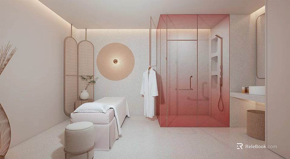 Modern SPA Sauna Interior With Massage Bed White Bathrobe And Pink Glass Shower 3d model 