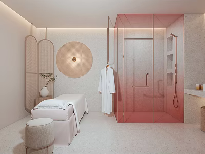 Modern SPA Sauna Interior With Massage Bed White Bathrobe And Pink Glass Shower 3d model