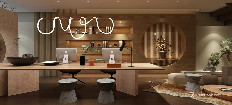 Modern Office Interior With Wooden Shelves Circular Decorative Wall Computers Stools And Potted Plant 3d model 