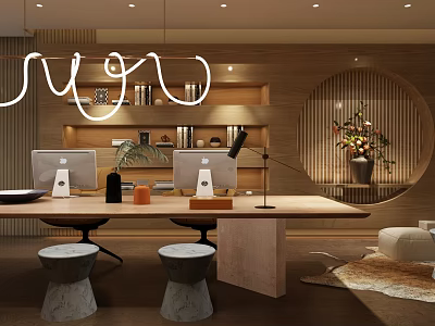 Modern Office Interior With Wooden Shelves Circular Decorative Wall Computers Stools And Potted Plant 3d model